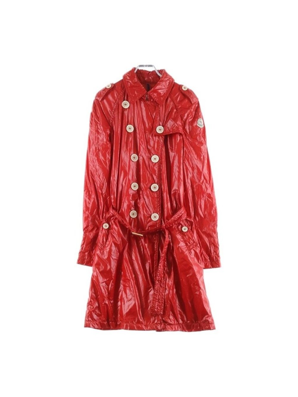 Moncler Trench Coat Logo Patch Double Breasted Nylon Long Red